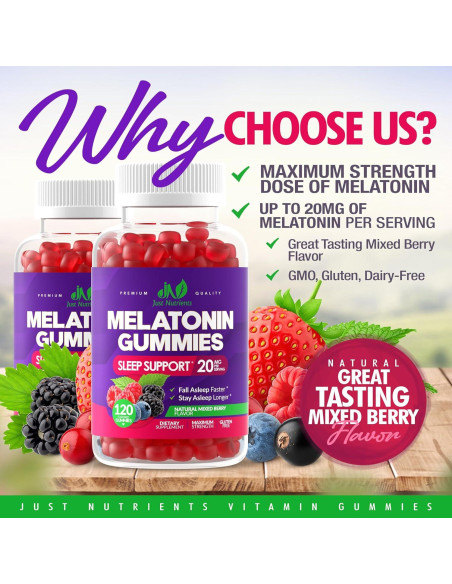 Gomitas de Melatonina Just Nutrients 20mg 120 Unidades Sabor Frutos Rojos