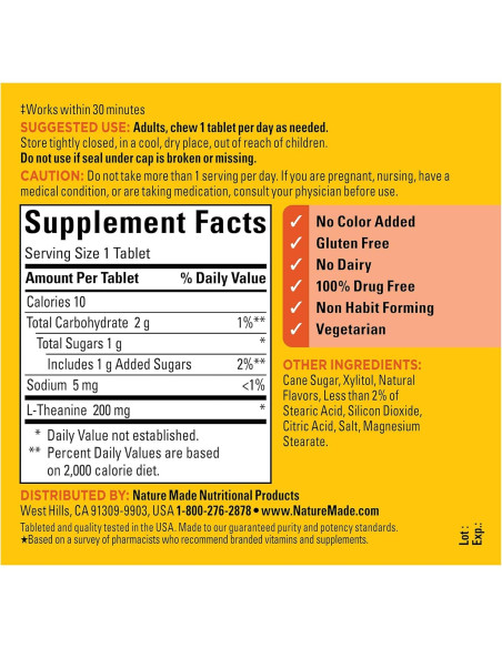 Nature Made L-Teanina Masticable 200mg - 50 Tabletas para Estrés