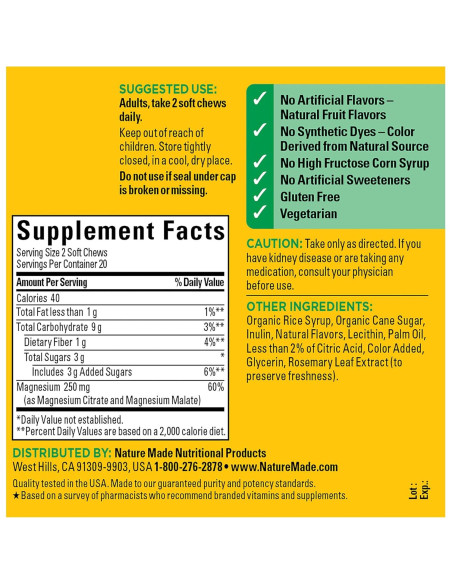 Nature Made Suplemento de Magnesio 250 mg Gomas Vegetarianas 40 Unidades