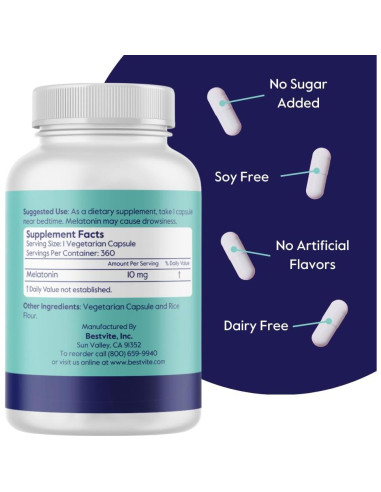 Melatonina 10 mg Bestvite - 360 Cápsulas Veganas Sin Gluten