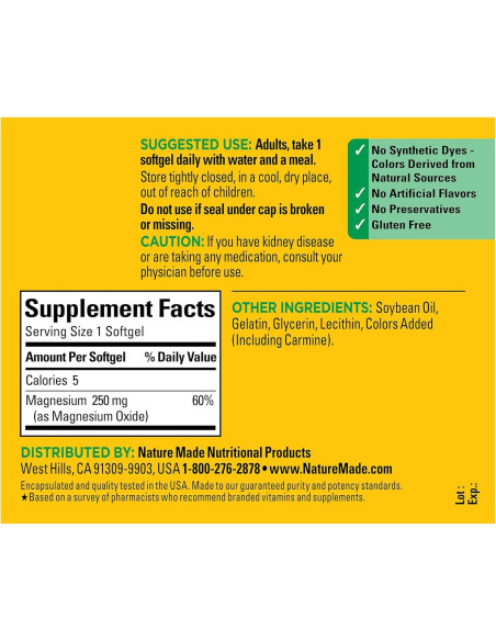 Nature Made Magnesio 250 mg - 90 Gelatinas Blandas para Salud Muscular y Nerviosa