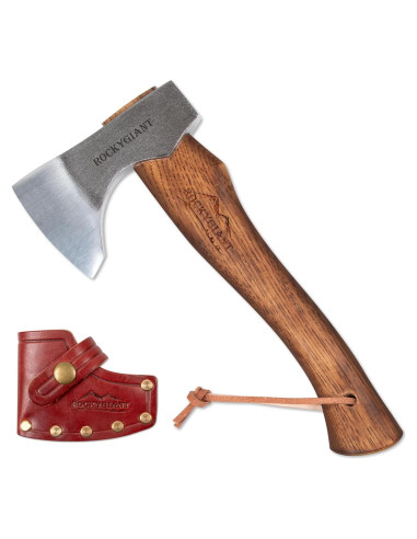 Hacha de Camping Rockygiant 28 cm, Acero Carbono, Mango Nogal