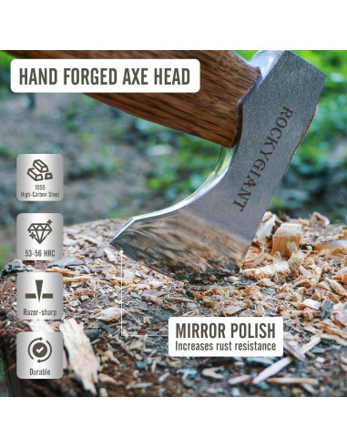 Hacha de Camping Rockygiant 28 cm, Acero Carbono, Mango Nogal