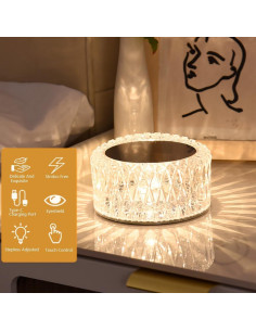 Lámpara de Mesa LED Cristal Portátil 3 Colores Control Táctil 2
