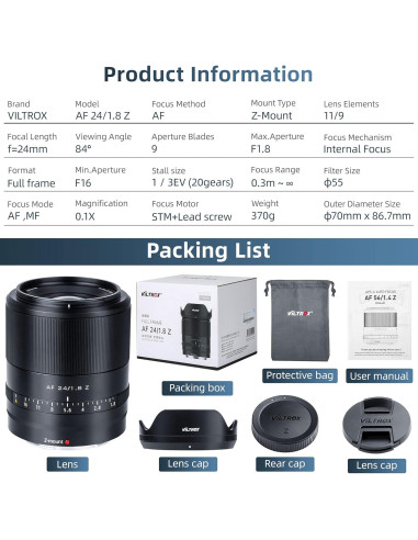 Lente VILTROX 24mm F1.8 Z para Cámaras Nikon Sin Espejo