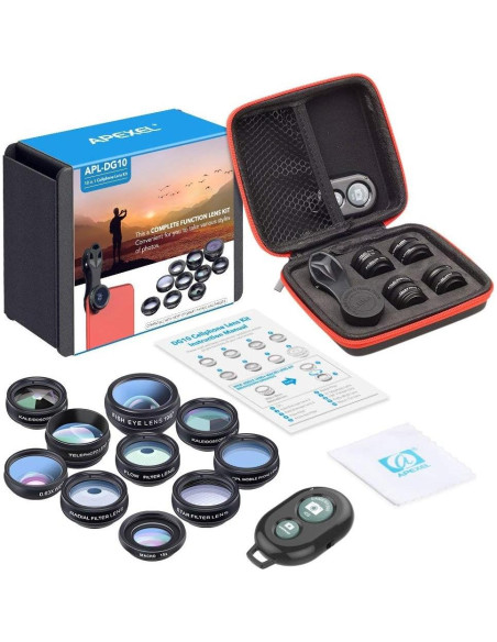 Kit de Lentes 10 en 1 Apexel para Smartphone - Macro, Gran Angular, Telefoto