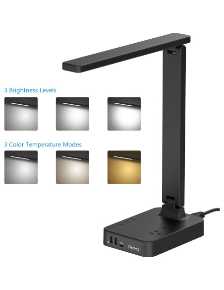 Lámpara de escritorio LED Drevet con USB-C y 3 puertos