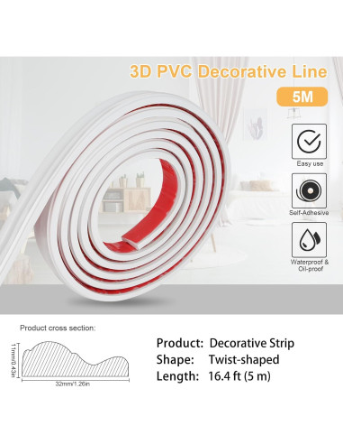 Moldura Autoadhesiva Flexible PVC Buulea 5m Blanco Decorativa