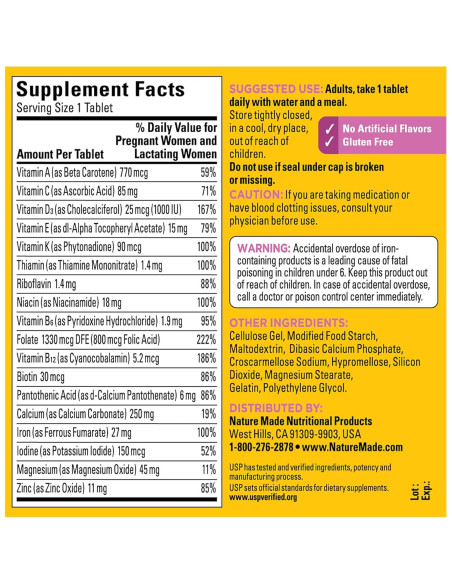 Multivitamina Prenatal Nature Made con Ácido Fólico 250 Tabletas