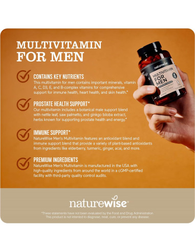 Multivitamina para Hombres NatureWise - 90 Cápsulas - Soporte Inmunológico y Salud Prostática