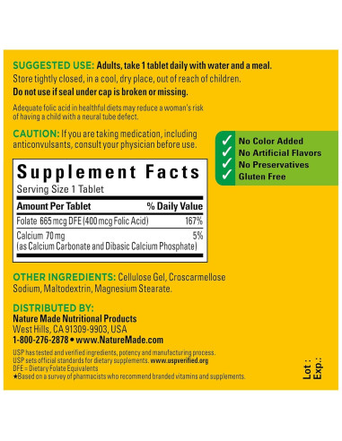 Nature Made Ácido Fólico 400 mcg - 250 Tabletas Suplemento