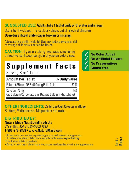 Nature Made Ácido Fólico 400 mcg - 250 Tabletas Suplemento