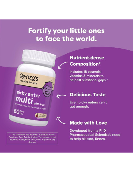 Multivitamina Melty para Niños Renzo con Hierro y D3, 60 Tabletas