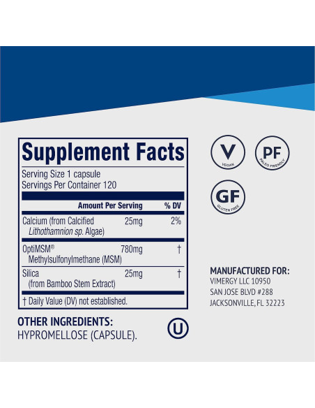 Vimergy MSM con Síllice y Calcio - 120 Cápsulas Veganas