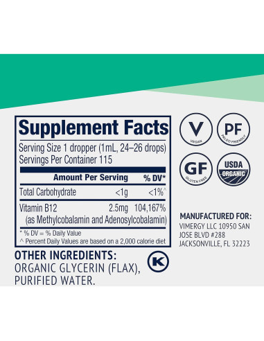 Suplemento Líquido de Vitamina B12 Orgánica Vimergy 115 mL