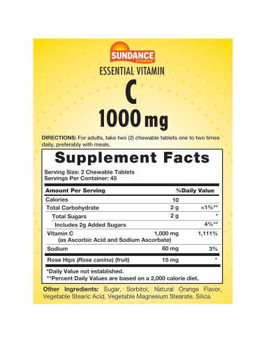 Vitamina C Masticable Sundance 1000mg 90 Tabletas Sabor Naranja
