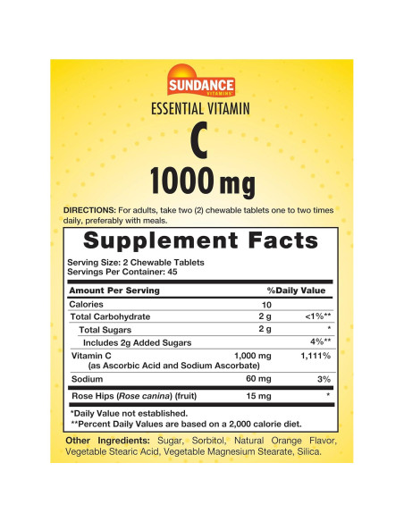 Vitamina C Masticable Sundance 1000mg 90 Tabletas Sabor Naranja