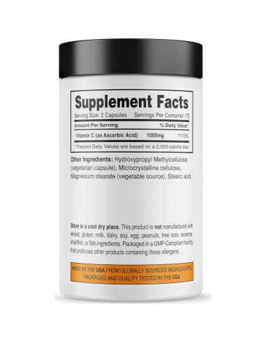 Suplemento de Vitamina C 1000mg 138 Foods - 150 Cápsulas Veganas