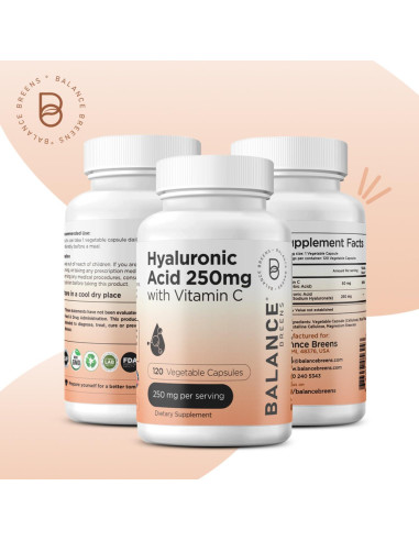 Suplemento de Ácido Hialurónico Puro 250mg + Vitamina C 50mg - 120 Cápsulas Veganas