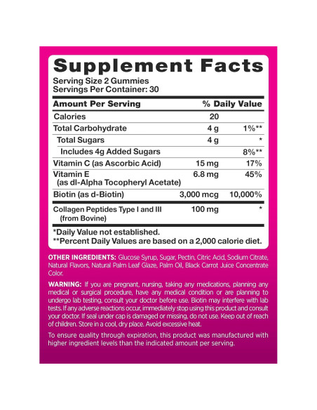 Gomitas PINK para Cabello, Piel y Uñas - 60 Unidades con Colágeno y Biotina