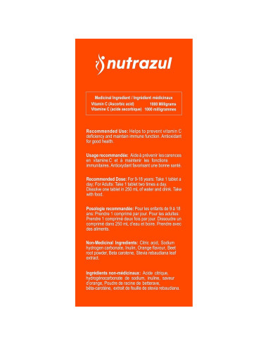 Tabletas Efervescentes Vitamina C 1000mg Nutrazul - Naranja 20 Unidades