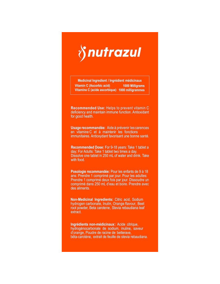 Tabletas Efervescentes Vitamina C 1000mg Nutrazul - Naranja 20 Unidades