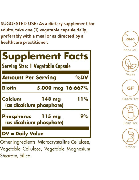 Biotina Solgar 5000 mcg - Suplemento para Cabello y Piel - 100 Porciones