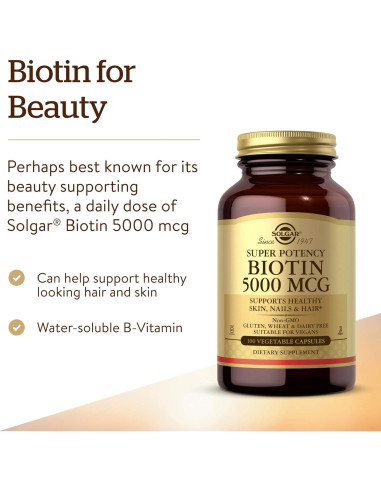 Biotina Solgar 5000 mcg - Suplemento para Cabello y Piel - 100 Porciones
