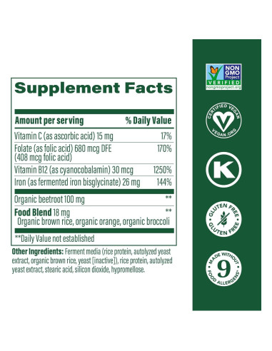 MegaFood Constructor de Sangre - Suplemento de Hierro Vegano 72 Tabletas