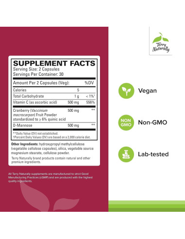 Suplemento Urinario Terry Naturally con Arándano y D-Mannosa - 60 Cápsulas