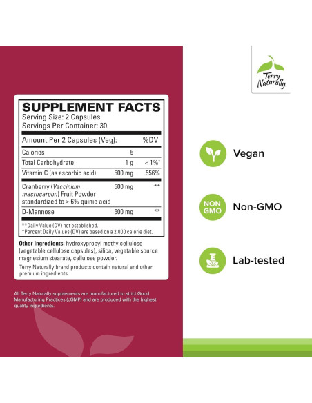 Suplemento Urinario Terry Naturally con Arándano y D-Mannosa - 60 Cápsulas