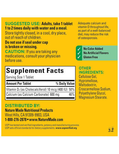 Suplemento de Calcio 600 mg con Vitamina D3 Nature Made 220 Tabletas