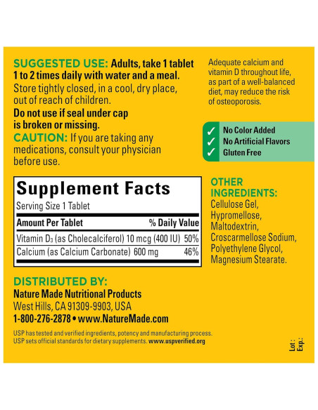 Suplemento de Calcio 600 mg con Vitamina D3 Nature Made 220 Tabletas