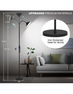 Lámpara de Pie LED Mukuxin 18W 1800LM Regulable 193cm Negra 2