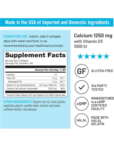 NatureWise Suplemento de Calcio 1250mg + Vitamina D3 1000UI