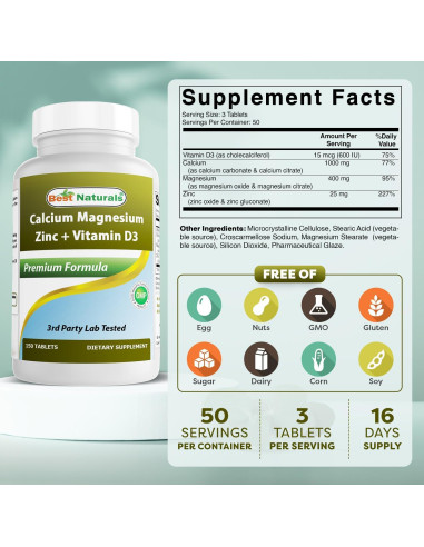 Suplemento Calcio Magnesio Zinc con Vitamina D3 Mejores Naturales 150 Tabletas
