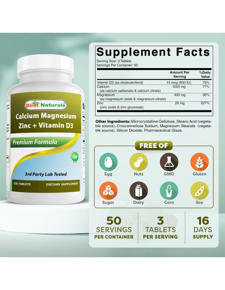 Suplemento Calcio Magnesio Zinc con Vitamina D3 Mejores Naturales 150 Tabletas Suplemento Calcio Magnesio Zinc con Vitamina D3 Mejores Naturales 150 Tabletas