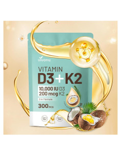 Vitamina D3 K2 10000 UI VivoNu 300 Softgels Aceite de Coco