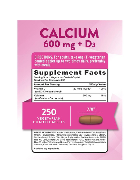Calcio 600mg con Vitamina D3 Verdad de la Naturaleza 250 Tabletas