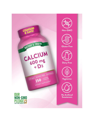 Calcio 600mg con Vitamina D3 Verdad de la Naturaleza 250 Tabletas