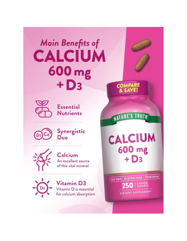Calcio 600mg con Vitamina D3 Verdad de la Naturaleza 250 Tabletas
