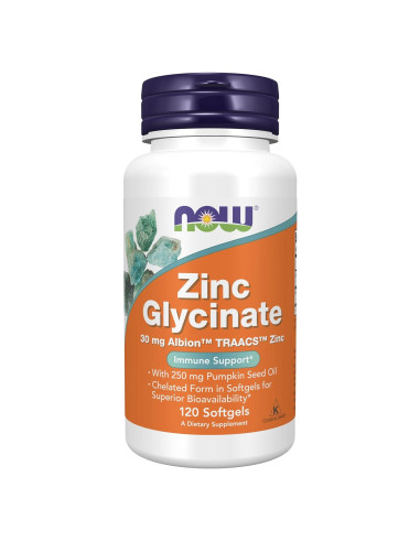 NOW Foods Zinc Glicinato 30 mg con 250 mg Aceite de Calabaza - 120 Gelatinas