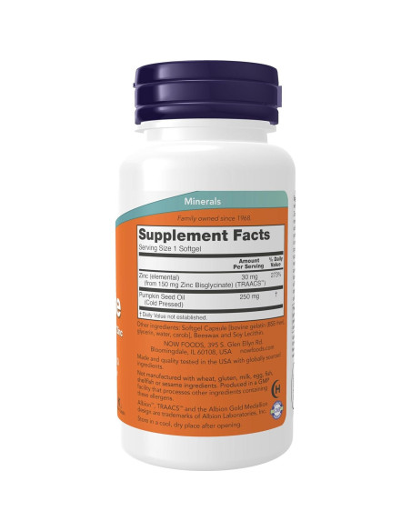 NOW Foods Zinc Glicinato 30 mg con 250 mg Aceite de Calabaza - 120 Gelatinas NOW Foods Zinc Glicinato 30 mg con 250 mg Aceite de Calabaza - 120 Gelatinas