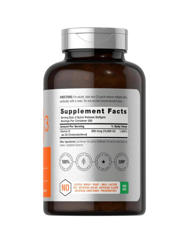 Suplemento de Vitamina D3 Horbaach 10000 UI 500 Softgels