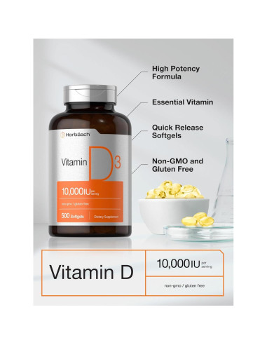 Suplemento de Vitamina D3 Horbaach 10000 UI 500 Softgels