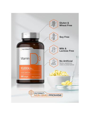 Suplemento de Vitamina D3 Horbaach 10000 UI 500 Softgels