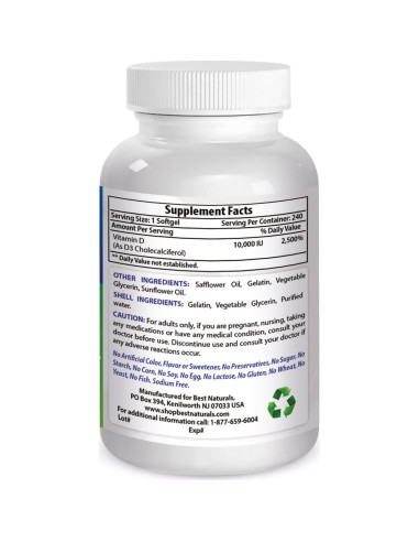 Vitamina D3 10000 UI Softgel Mejores Naturales 240 Unidades