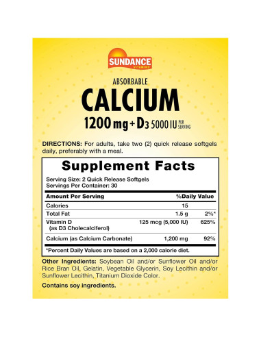 Suplemento de Calcio 1200 mg + Vitamina D3 5000 UI Sundance | 60 Gelatinas Blandas