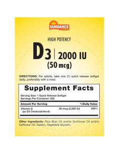 Suplemento de Vitamina D3 Sundance 2000 UI 200 Gelatinas Blandas 2