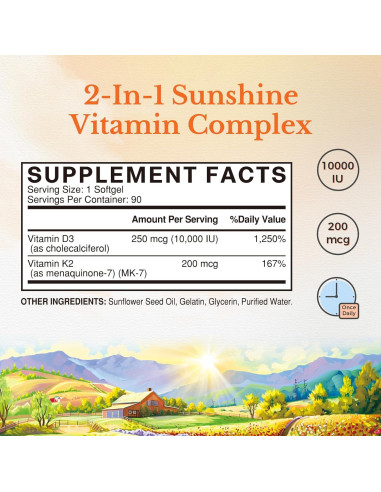 Suplemento Vitamina D3 10000 UI + K2 200 mcg Vitalitown 90 Gelatinas